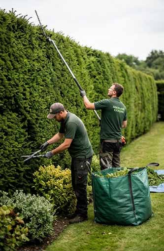 Garden hedge shaped and tidied