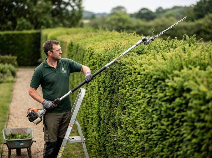 Large garden hedge pruned and cut back
